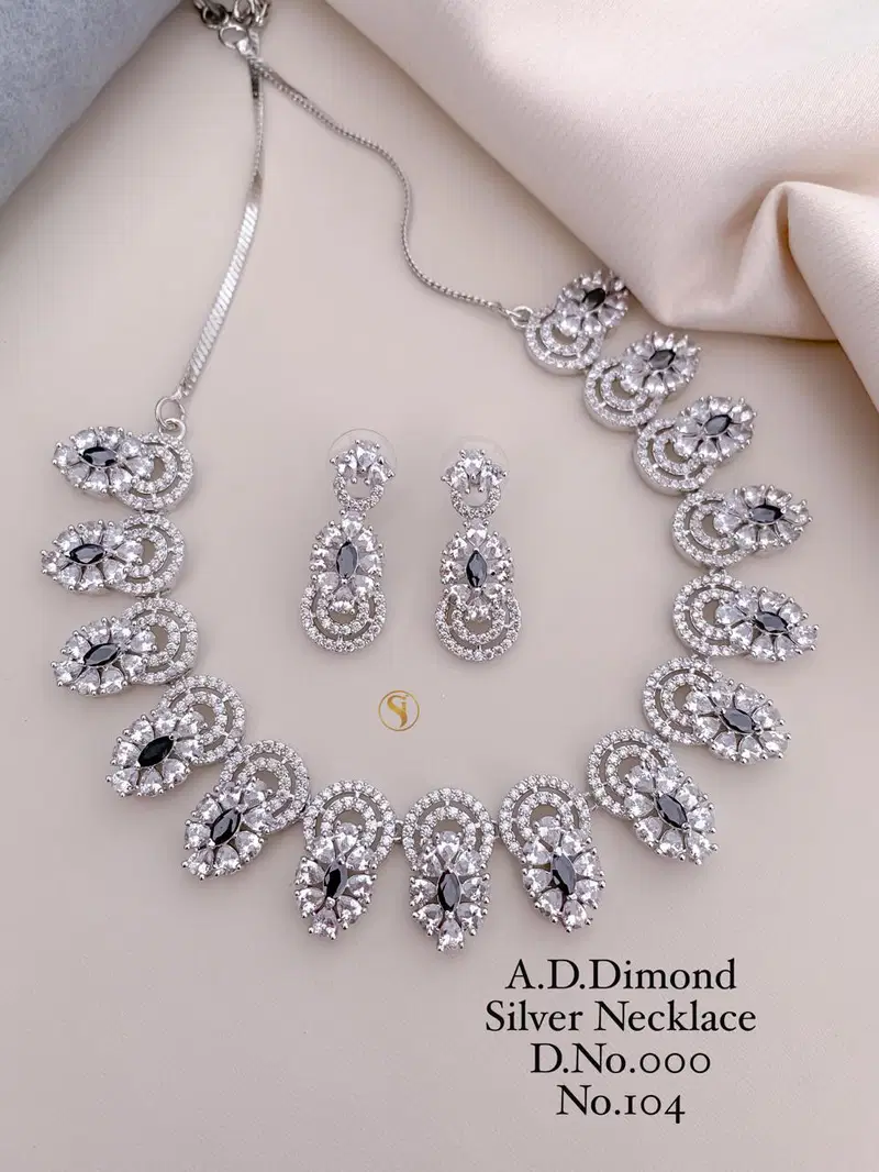 1040 AD Diamond Silver Wedding Wear Necklace Set Wholesale Price In Surat
